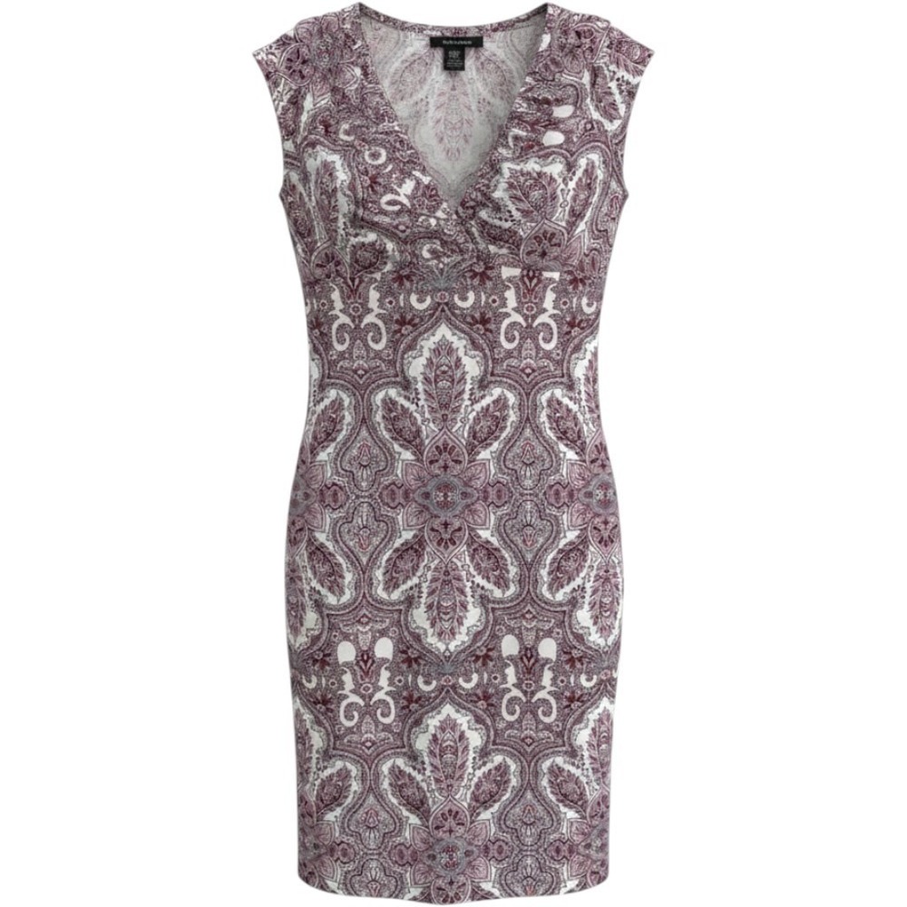 BCBGMaxAzria Pink and White Paisley V‑Neck Midi Dress